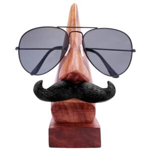 Handcrafted Wooden Nose-Shaped Eyeglass Holder Stand with Black Moustache Accent